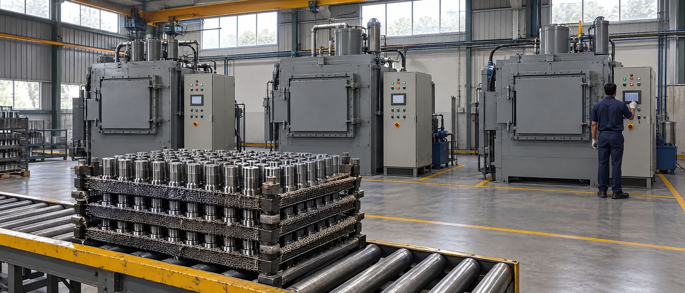 Illustration of a heat-treatment shop: three grey sealed quench furnaces in a row, a mesh fixture tray of shafts on a roller conveyor, and an operator at a control panel.