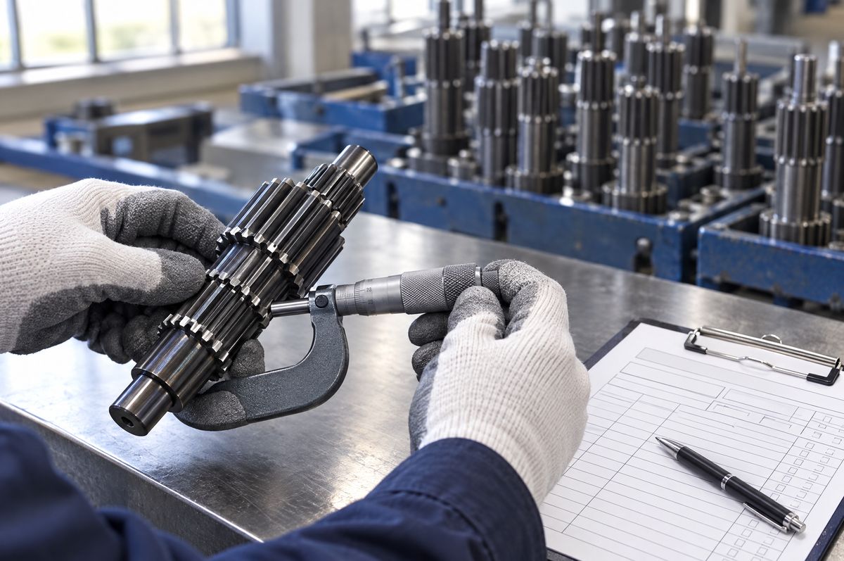 Illustration: gloved hands measure a hardened gear shaft with a micrometer beside a clipboard holding a process inspection record.