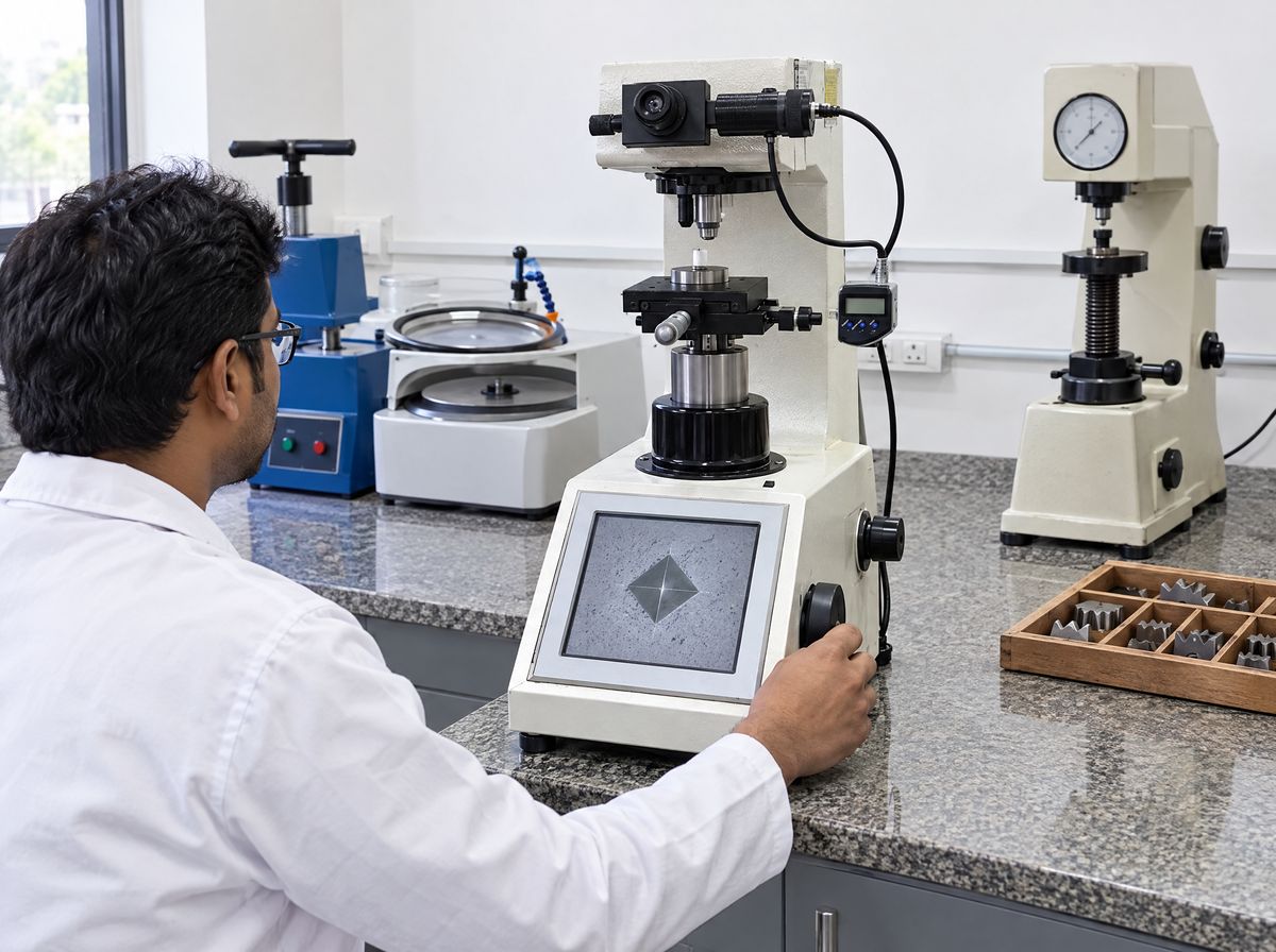 Illustration of a metallurgical lab: a metallurgist at a micro Vickers hardness tester showing a diamond indentation, with a Rockwell tester, polisher, mounting press and a tray of sectioned gear teeth.