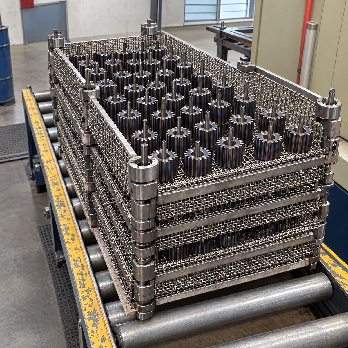 Illustration: a stainless mesh fixture basket of tempered steel gears on a roller conveyor.